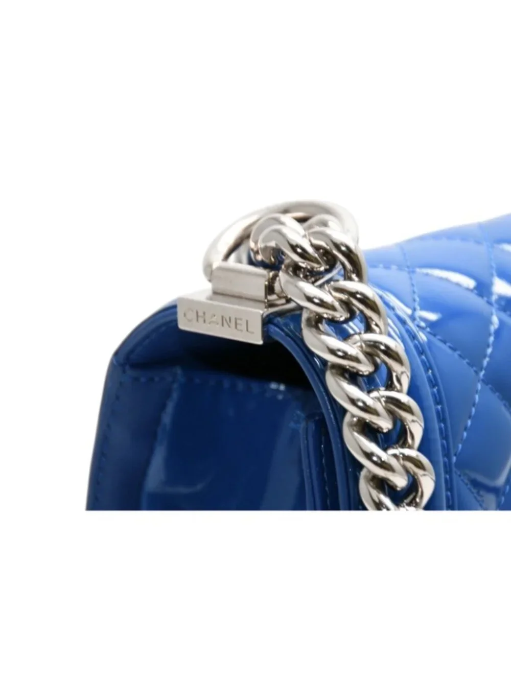 Chanel Boy Chain Shoulder Bag Patent Leather CC Logo Silver